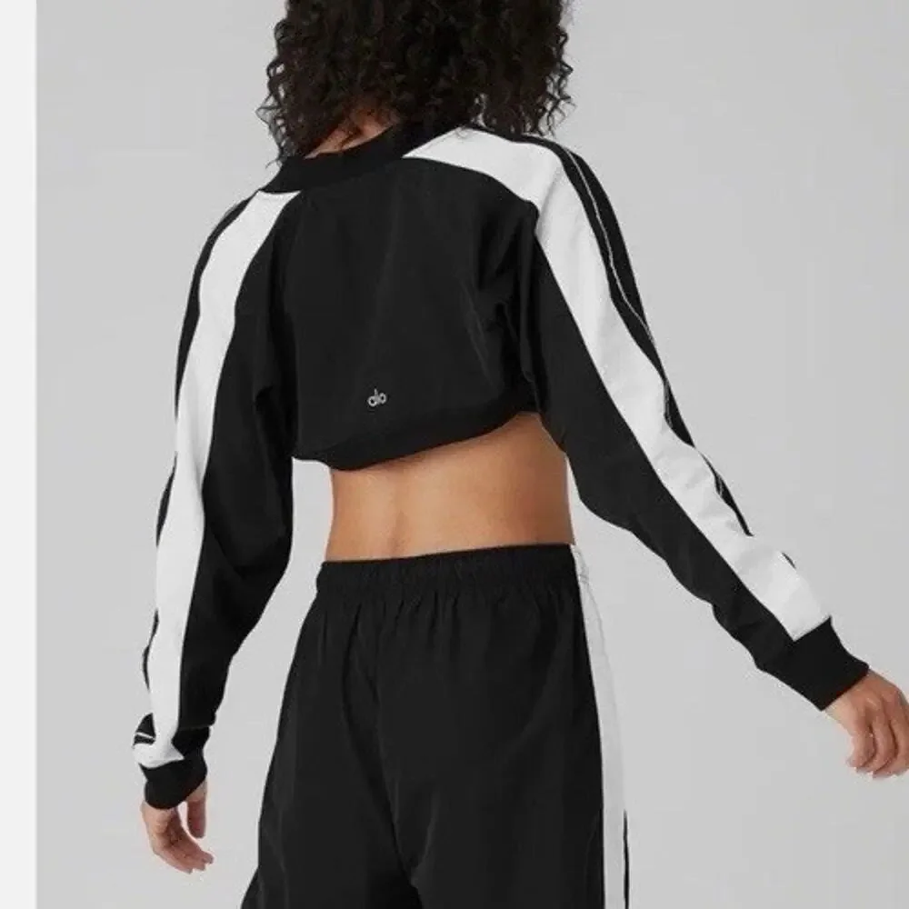 Alo Yoga Racetrack Shrug Black White Crop Jacket Zip Long Sleeve Sz XS